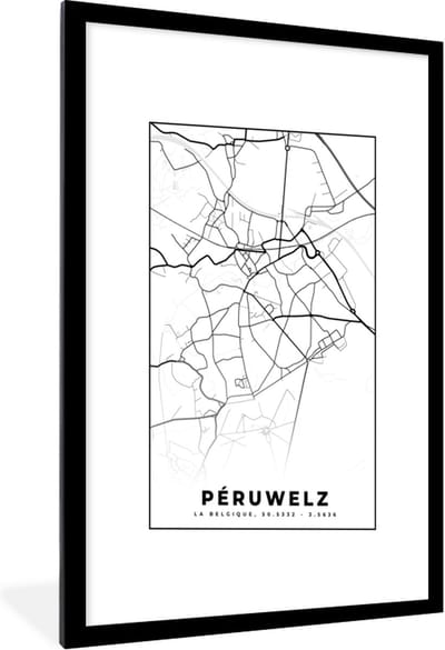 Fotolijst incl. Poster Zwart Wit- Plattegrond – Péruwelz – Zwart Wit – Stadskaart - Kaart - België - 60x90 cm - Posterlijst