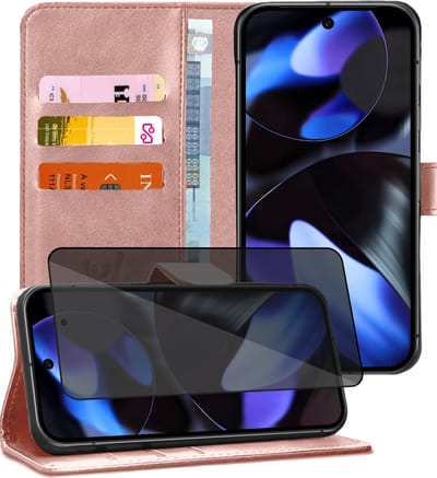 Hoesje geschikt voor Google Pixel 9a - Privacy Screenprotector Volledig Dekkend Glas - Portemonnee Book Case Rosegoud