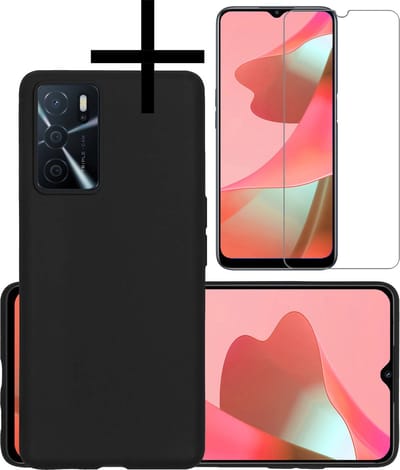 Hoesje - Met Screenprotector - Geschikt voor OPPO A16 - Sterk & Shockproof - Back Cover - Siliconen Case - Telefoon Hoes - Zwart