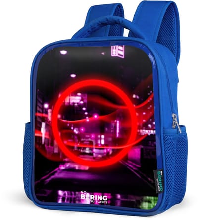 NoBoringSuitcases.com® - Rugzak blauw - Schooltas jongens - Felrode cirkel boven een neonverlichte stad - Kinder rugtas jongen - Boekentas kind - Kinderrugzak voor school - Schoolrugzak