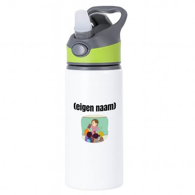 Hacebo® - juf met kinderen met eigen naam waterfles met rietje groen - Juf - leraressen - collega's - verjaardag - afscheidscadeau - geschenk - kado - water fles - 650ML