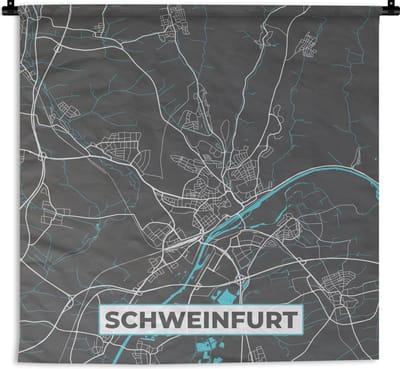 Wandkleed - Wanddoek - Duitsland – Blauw – Schweinfurt – Stadskaart – Kaart – Plattegrond - 180x180 cm - Wandtapijt