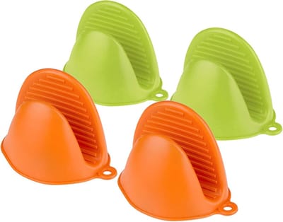 4 Stuks Silicone Ovenwanten - Hittebestendige Mini Keukenhandschoenen - Siliconen Pothouders voor Koken en Bakken (Groen + Oranje)