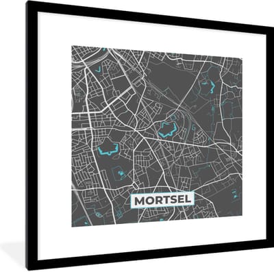 Fotolijst incl. Poster - België – Mortsel – Stadskaart – Kaart – Blauw – Plattegrond - 40x40 cm - Posterlijst