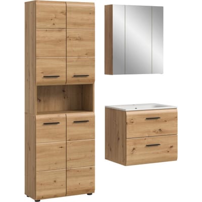 Badcombinatie met hoge kast en spiegelkast - Moderne eikenlook en zwart - 4-delige set - 135x185x46cm