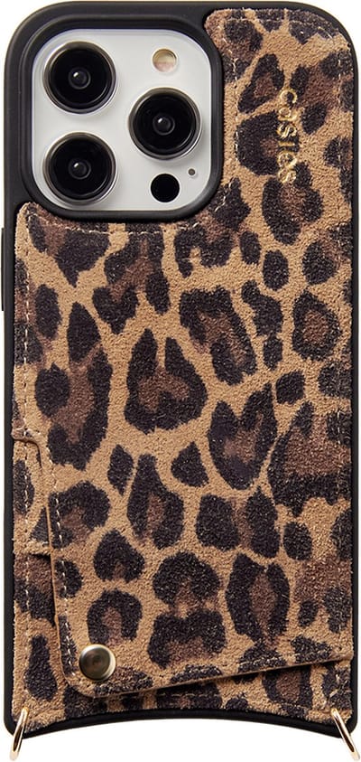 Casies leren panterprint hoesje geschikt voor Apple iPhone 14 met gouden hangers voor koord - 100% echt leer - Leopard - Smartphone case zonder cord