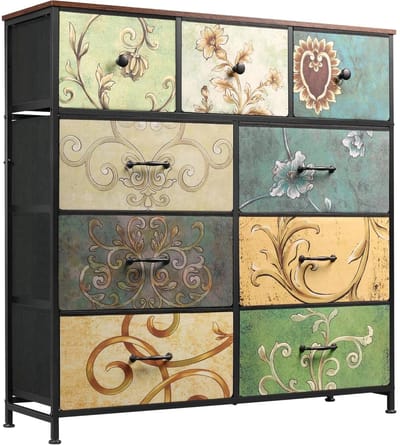 SmartLiving.Store - Ladekast - Dressoir - Ladenkastje - Kleurrijke Dressoir Kasten - Metalen Frame - 9 Stoffen Laden - 100 x 100 cm
