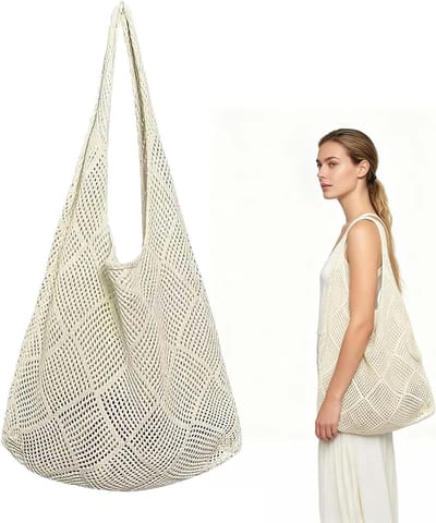 Grote Vrouwen Strandtas - Gehaakte Zomer Handtas - Lichtgewicht en Opvouwbare Schoudertas voor Strand, Vakantie en Zwembad - Duurzaam Polyester - Beige - Stijlvol en Ademend