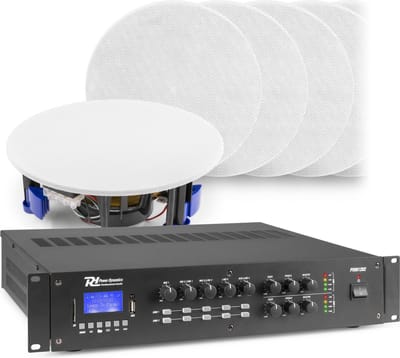 2-zone Bluetooth geluidsinstallatie van Power Dynamics - 12 witte plafondspeakers + 240W versterker