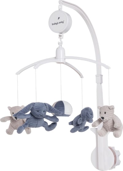 Baby's Only Muziekmobiel baby - Boxmobiel Sense - Vintage Blue/Kiezelgrijs/Wit - Figuurtjes van zachte rib corduroy stof - Muziek speelgoed - Melodie 'It's a small world'