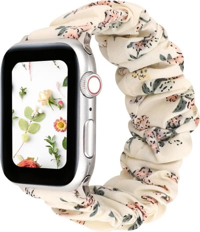 By Qubix - Geschikt voor Apple Watch bandje - Elastisch scrunchie nylon bandje - Bloemenprint licht - Geschikt voor Apple Watch 44mm / 45mm / 46mm / 49mm (Ultra 1,2 en 3) - nylon - bandje iWatch