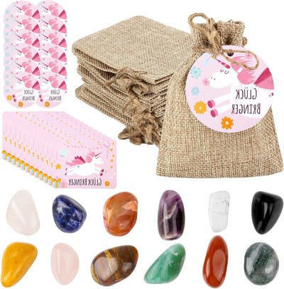 Set van 12 Geluksstenen voor Kinderen, Kleurrijke Geluksstenen met Jute Tas en Groetkaart, Perfect als Feestcadeau, Geluksbrenger voor Kinderen, Souvenirs en Verjaardagsgeschenken