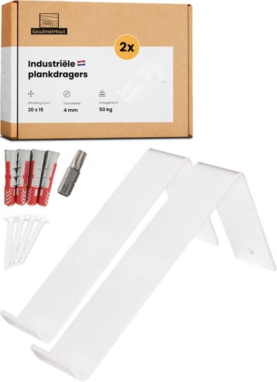 GoudmetHout® Industriële Plankdragers L-vorm - 20 cm - Stalen Plankdrager voor Wandschap, Muurrek of Wandconsole - Max 50 kg - 2 Stuks - Mat Wit
