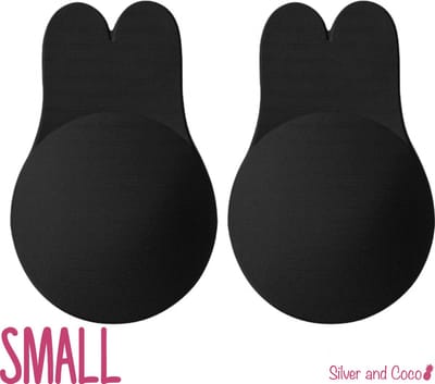 SilverAndCoco® - Push up Plak BH Bunny herbruikbaar / 2 stuks - 1 paar / Zelfklevende Invisible tepelplakkers / Onzichtbare Siliconen Tepel bedekkers Konijn BH Pads Silicone Nipple cover Strapless boob lift - Zwart - Maat Small