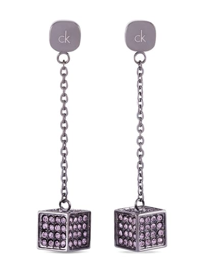 Calvin Klein Rocking Dames Oorbellen Grijs PVD - Roze Amethist Swarovski Kristallen Oorhangers met Steeksluiting | Luxury CK Ear Rings with Amethyst Swarovski Crystals for Ladies
