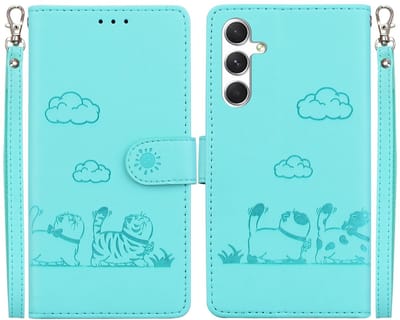 BookCover Hoes Etui geschikt voor Samsung Galaxy S24 - S25 - Mint-Groen - Cartoon Cats - Kat - Reliëf
