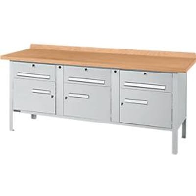Box-type werkbank Schäfer Shop Select PW 200-5, beuken multiplex blad, tot 750 kg, B 2000 x D 700 x H 840 mm, blank aluminium