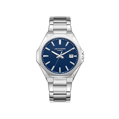 Lee Cooper LC08252.390 - Horloge - Polshorloge - Analoog - Heren - Mannen - Stalen band - Metaal - Achthoek - Strepen - Datumaanduiding - Zilverkleurig - Donkerblauw - Wit - Zwart