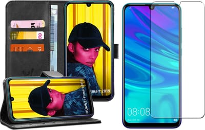 Hoesje geschikt voor Huawei P Smart 2019 - Book Case Kunstleer Wallet Zwart + Screen Protector Glas