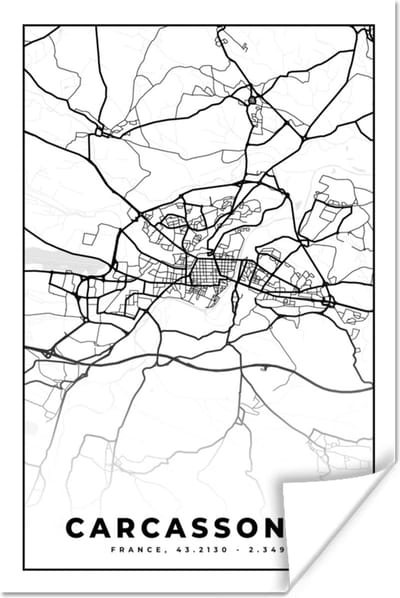 Poster Kaart - Plattegrond - Frankrijk - Stadskaart - Carcassonne - Zwart wit - 120x180 cm XXL