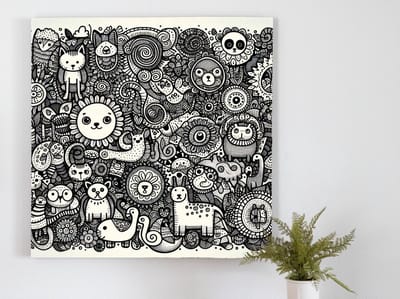 Doodle dieren schilderij | Creatieve beestenbende: verbazingwekkende dierenkunst vol verrassingen en vreugde | Kunst - 100x100 centimeter op Dibond | Foto op Dibond