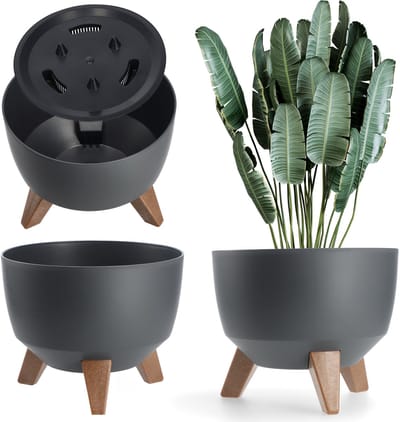 Bloempot van kunststof met drie insteeksteunen - ronde bloembak, plantenschaal voor balkon, woonkamer - Diameter 24 cm, Antraciet KADAX
