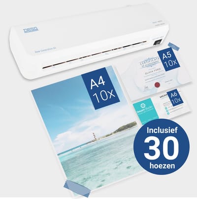 DESQ® Lamineermachine A4 30 Hoezen Set | New Generation | Voor 75 tot 125 micron | Start in 2 min. | Voor thuis en thuiskantoor | Documenten & Foto's | Wit
