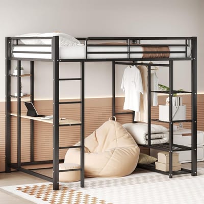 Hoogslaper Met Bureau en Kledingrek 140x200 cm - Multifunctioneel Kinder- en Tienerbed Metaal Zwart