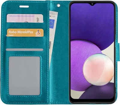 Hoesje - Met Pasjeshouder - Geschikt voor Samsung Galaxy M22 - Luxe Bookcase Portemonee - Flip Case - Kunstleer Book Case - Flipcase - Book Cover - Walletcase - Portemonneehoes - Turquoise