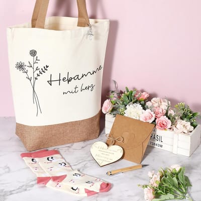 Dankjewel Cadeauset voor Verloskundigen en Zorgpersoneel - Cadeaupakket met Jute Tas en Leuke Sokken