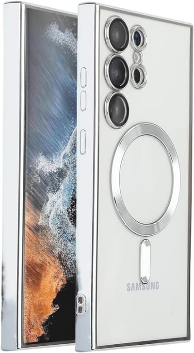 oTronica Hoesje aanstellen voor Samsung Galaxy S22 Ultra met Magnetisch Ring en Camera Lensbeschermer - backcover – Transparant/Zilver