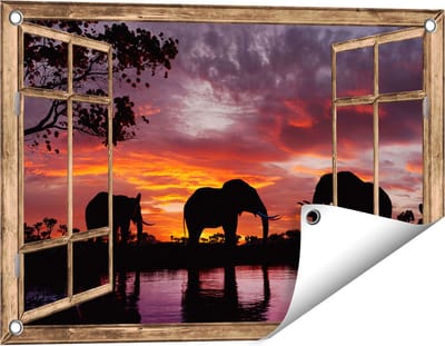 Gards Tuinposter Doorkijk Olifanten tijdens Zonsondergang - Silhouet - 60x40 cm - Tuindoek - Tuindecoratie - Wanddecoratie buiten - Tuinschilderij