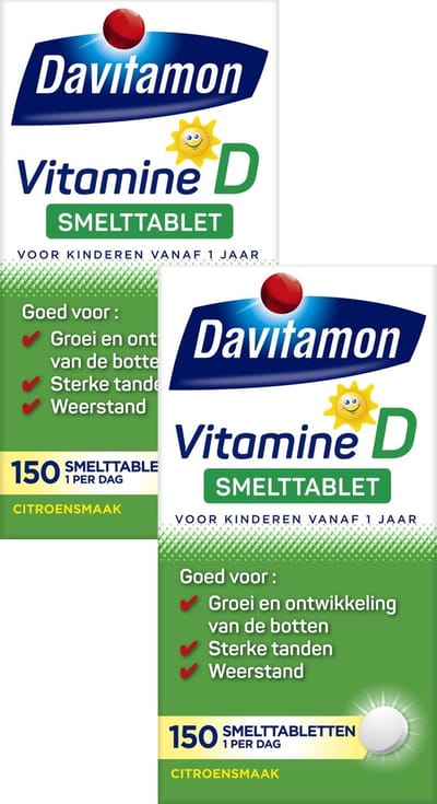 Davitamon Vitamine D Kinderen - Vitamine D speciaal voor kinderen vanaf 1 jaar - Voedingssupplement - Lekkere smelttablet - 2 x 150 stuks - BUNDEL