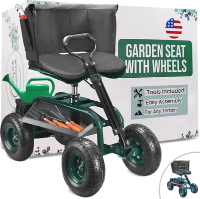 Tuinwagen met rollende werkstoel voor comfortabel tuinieren