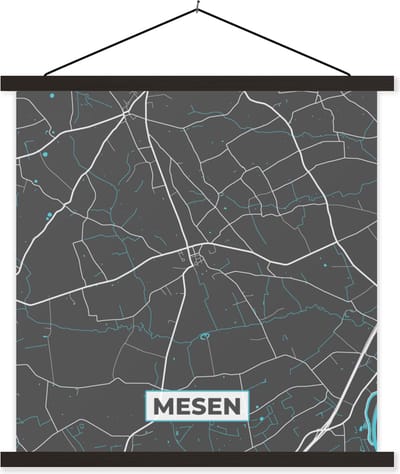 Posterhanger incl. Poster 60x60 cm - Schoolplaat - Stadskaart – Grijs - Kaart – Mesen – België – Plattegrond - Textielposter - Zwarte latten - Stadskaart