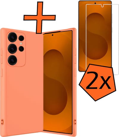 Hoes - Met 2x Screenprotector - Geschikt voor Samsung Galaxy S25 Ultra - Sterk & Shockproof - Back Cover - Siliconen Case - Telefoon Hoes - Perzik