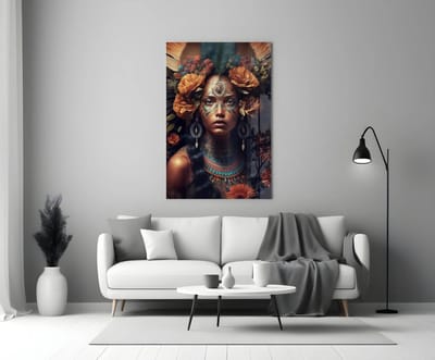 Glasschilderij – Artistiek Vrouwenportret met Bloemen – Bohemian Stijl – Moderne Wanddecoratie - 72 x 46 cm