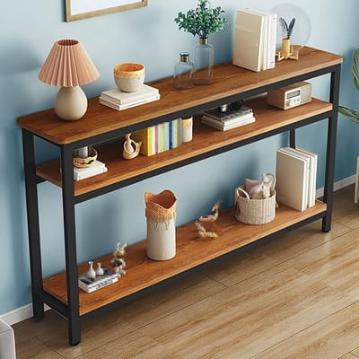 3-laags Consoletafel, Salontafel voor in de Hal, Haltafel met Opbergruimte, Metalen Frame, Decoratieve Tafel met Antislip Voetjes, Stabiele Lastdrager(Brown+black,80x30x100cm)