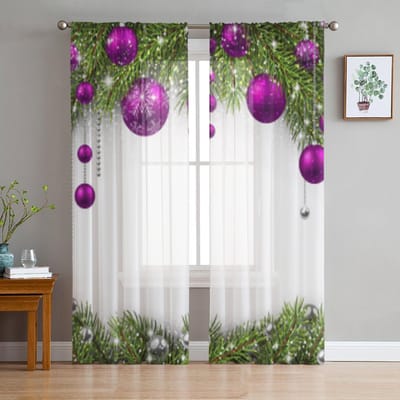 Kerstgordijnen Kerst Sparrentakken En Ballen Tule Gordijnen Voor Woonkamer Slaapkamer Chiffon Transparant Voile Keukengordijn 135W x 114H(cm) white