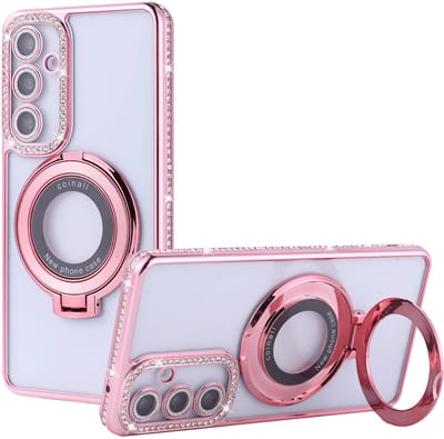 Hoesje Geschikt voor Samsung Galaxy S25 / S24 Magsafe hoesje Rose Goud - Lens beschermer ring Luxury Bling Sparkly Diamond backcover
