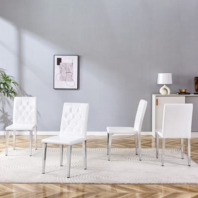 MIVRAY Eetkamerstoel Set Van 4 42 x 43 cm - Comfort Met Ruitstiksel - Voor Eetkamer En Horeca - PU En Metaal - Wit Zilver