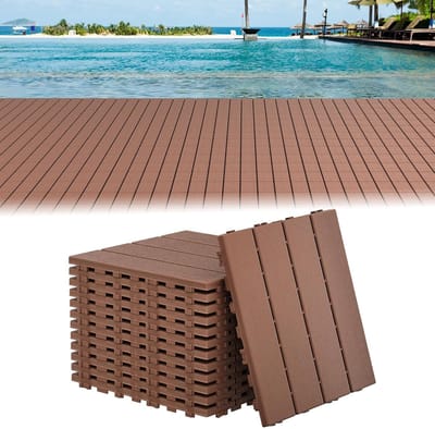 11 Stuks Kunststof Vlondertegels, 30x30cm Balkontegels met Houtlook, Weerbestendige Terrastegels met Drainagefunctie, Eenvoudige Montage Kliktegels Bruin voor Terras/Tuin, NAIZY