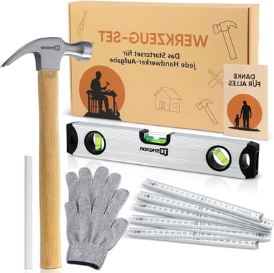 Praktische DIY Gereedschapsset voor Mannen, 6-Delig met Hamer, Liniaal, Waterpas, Potlood en Veiligheids Handschoenen, Perfect Cadeau voor Vader, Grootvader en Verjaardag
