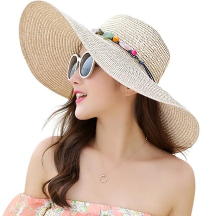 QTTVBTNA – 1 Stuk Hoeden - Strohoed Brede Rand - Dames - Opvouwbare - Zonhoed - Strand Zonnehoed - Zomer - Ademend - Voor Strand Vakantie Reizen en Outdoor Gebruik - Elegante Zomer Hoed