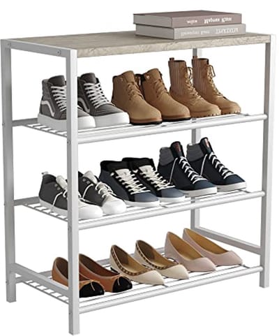 Metalen Schoenenrek Schoenenopbergplank met MDF Bovenbord - 4-Tier Organiser voor Instapschoenen
