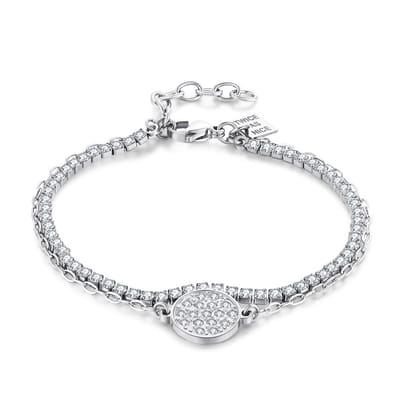 Twice As Nice Armband in edelstaal, dubbele ketting, ronde, witte kristallen 16cm+3cm