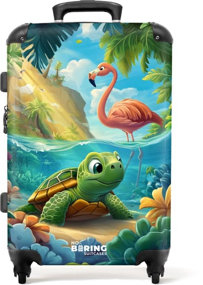 NoBoringSuitcases.com® - Kinderkoffer - Kindertrolley jongen en meisje - Schildpad in tropisch water met flamingo - Koffer kind groot - Rolkoffer lichtgewicht - Reiskoffer met 4 wielen - Grote trolley XL - 20 kg bagage