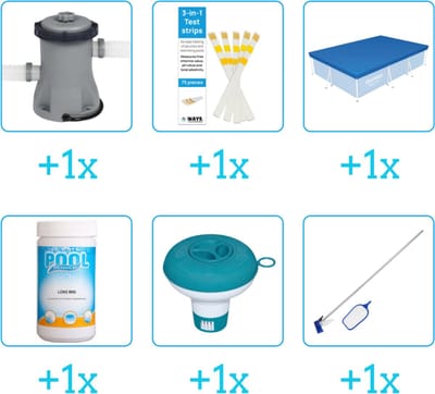 Accessoires voor Bestway Steel Pro Zwembad - 300x201x66 cm - Rechthoekig - Bestway - 56404 - Pomp - Testrips - Afdekzeil - Chloor - Chloordrijver - Schoonmaakset