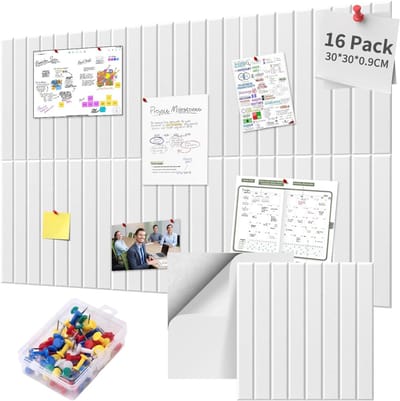 Zelfklevend Vilten Prikbord 120x120 cm, Set 16 Stuks Decoratief met 70 Pins, Memobord Muurdecoratie voor Kantoor Keuken, Porseleinwit