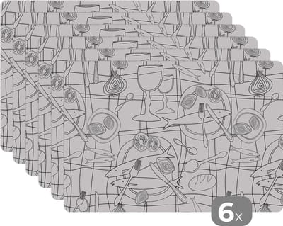 Placemat - Placemats kunststof - Vis - Patronen - Zwart Wit - 45x30 cm - 6 stuks - Hittebestendig - Anti-Slip - Onderlegger - Afneembaar